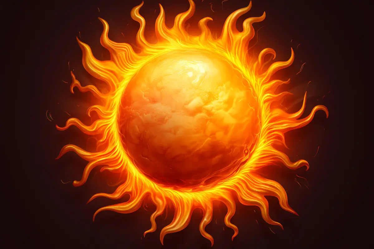 The sun radiating fiery energy and light.