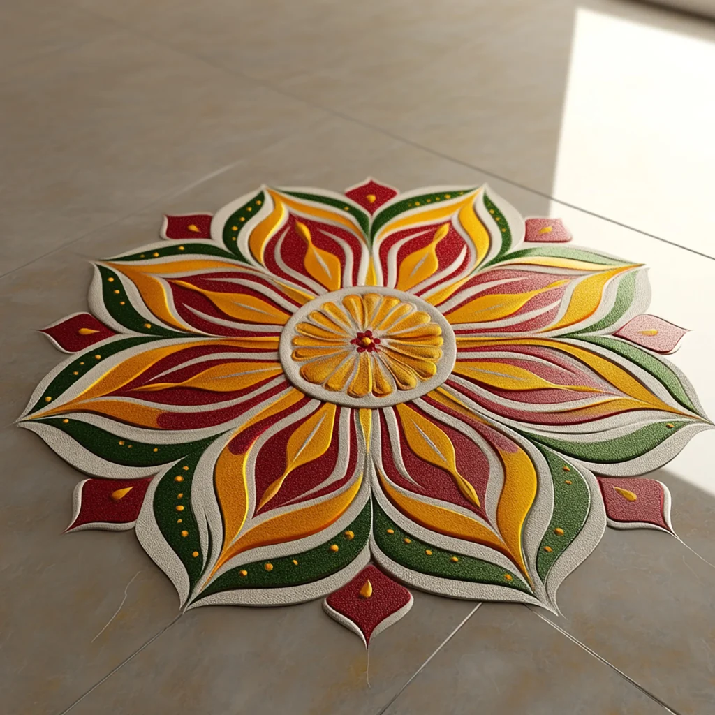 Brightly colored Rangoli design with shades of red, yellow, and green in a symmetrical floral pattern on a smooth floor