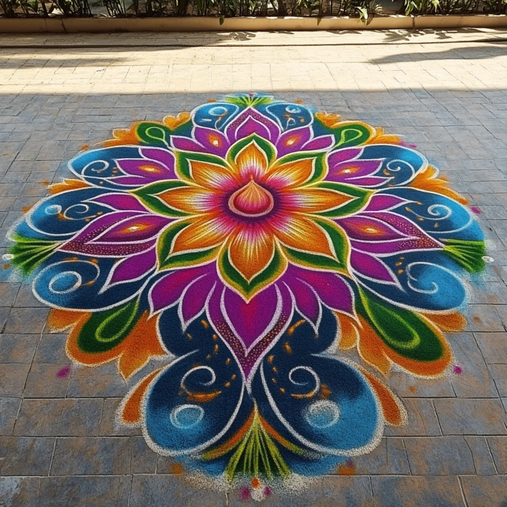 Colorful mandala-inspired Rangoli design on a concrete surface, showcasing bright, multi-layered floral patterns.