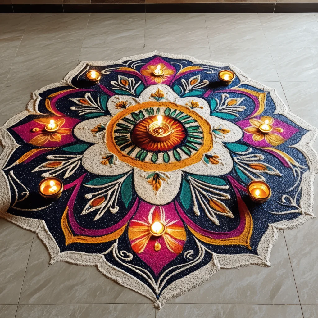 Rangoli design with lit diyas and vibrant floral patterns, created on a tiled floor for Diwali celebration