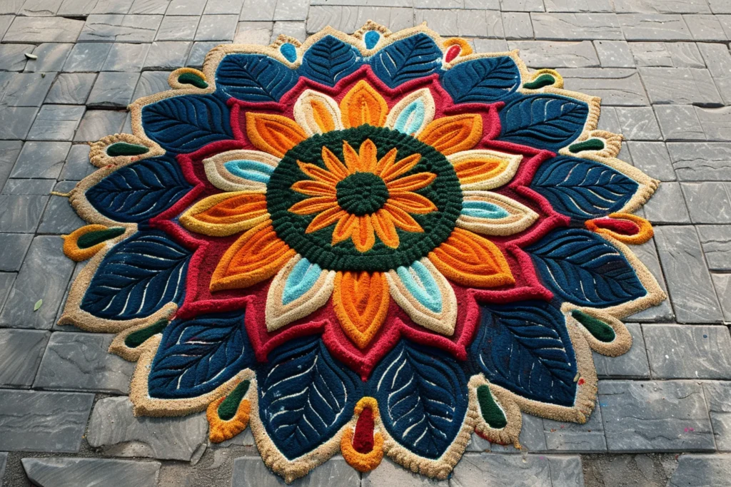 Creative and intricate Diwali Rangoli design generated with AI, showcasing bright and detailed floral patterns