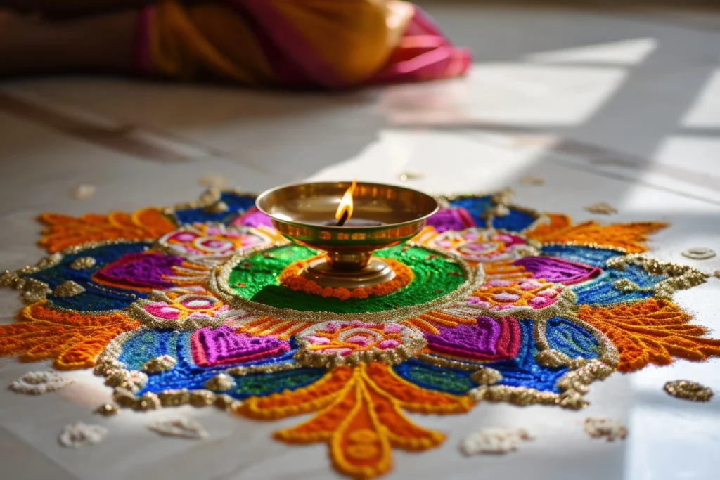 Highly detailed Navratri Rangoli design with candles, featuring intricate floral patterns in orange and green.