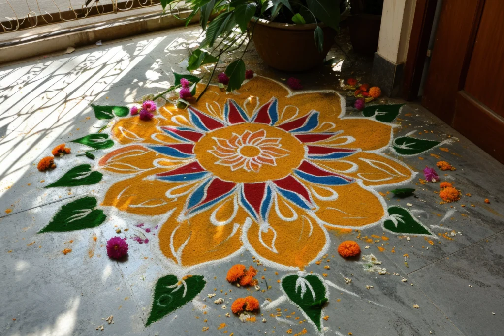 Navratri Rangoli design with bright colors and intricate floral patterns, ideal for festive decorations