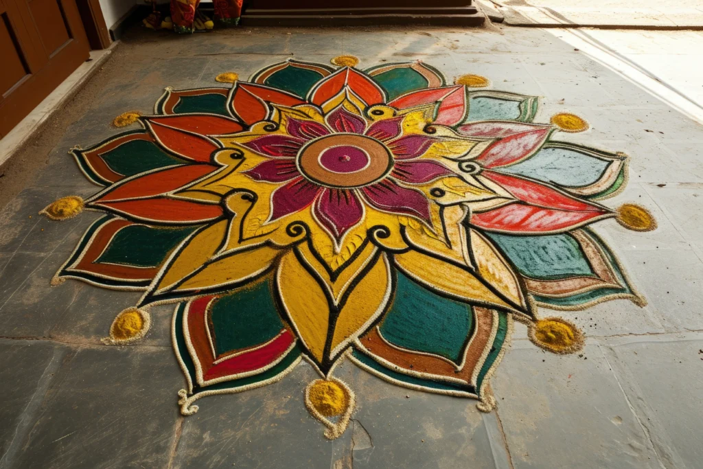 Intricate and colorful Rangoli design with a blend of floral and abstract patterns on a paved surface