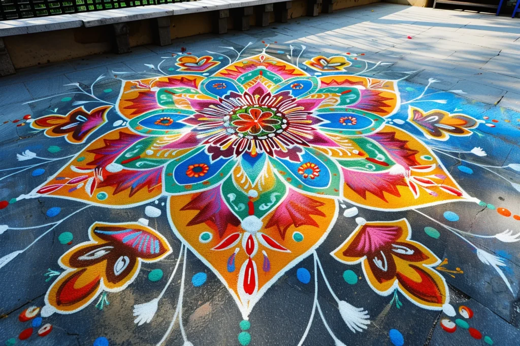 Bright and symmetrical Rangoli design in bold shades of blue, pink, yellow, and green, featuring a circular floral motif.