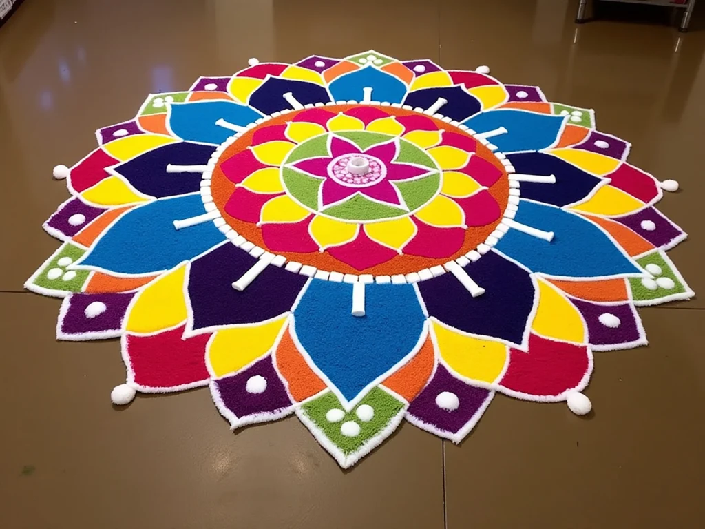 Vibrant Rangoli design with flowers and leaves, using a mix of bright colors like purple, yellow, and green.