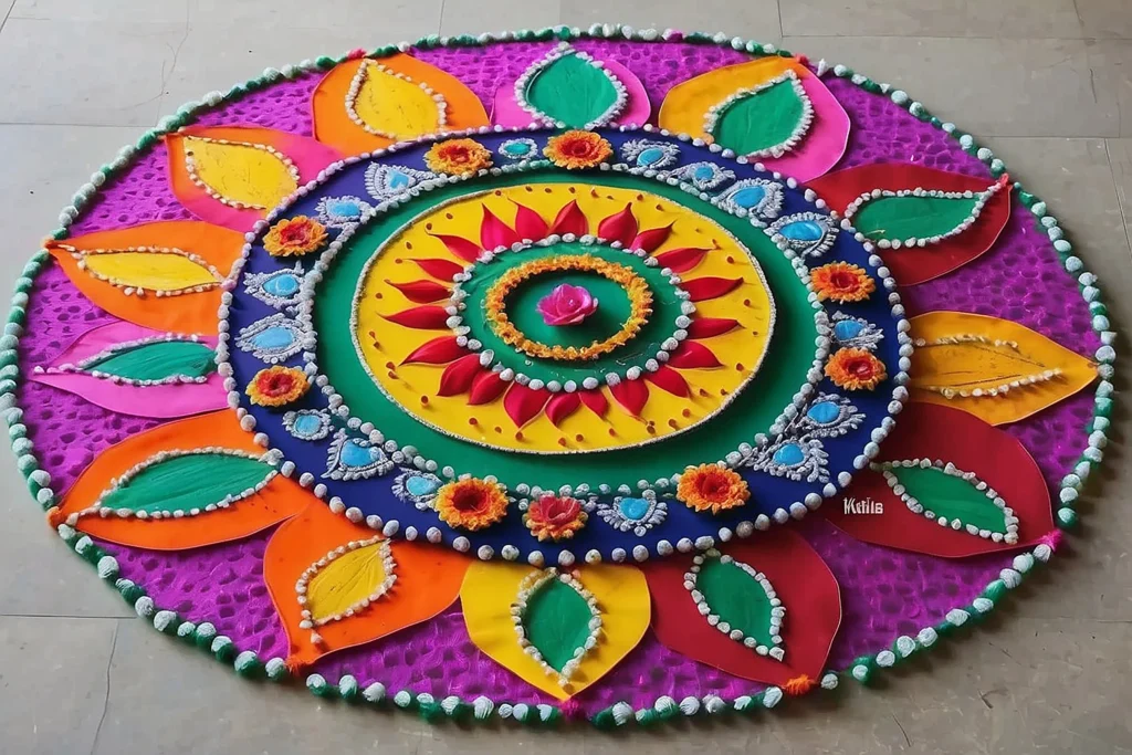 Creative Rangoli design with bold colors, promoting community participation during festive celebrations