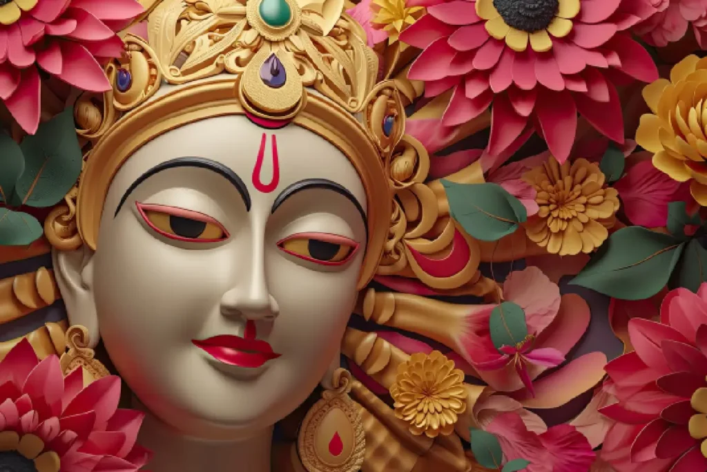 An artistic depiction of Goddess Durga with a serene expression, adorned in gold jewelry and surrounded by vibrant flowers symbolizing divine energy and beauty.