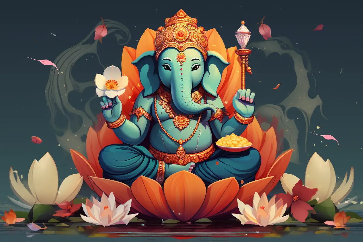 An illustration of Lord Ganesh seated on a lotus, holding a flower, a modak, and symbolic weapons, radiating wisdom and prosperity