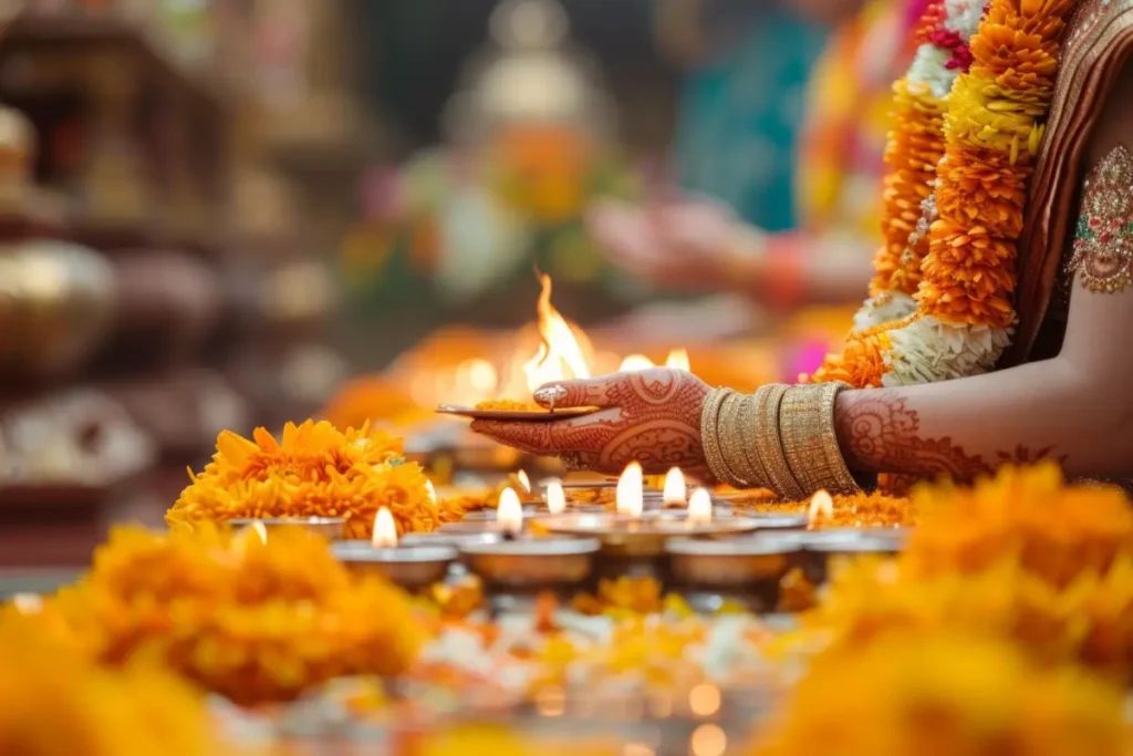 A woman performing an aarti with diyas and marigold garlands during a Griha Pravesh ceremony.