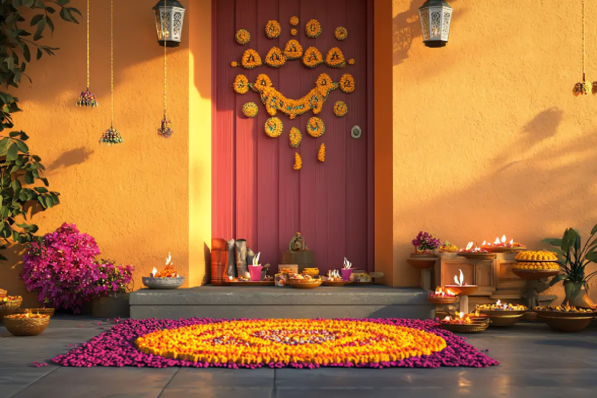 Brightly decorated house entrance with marigold patterns and earthen lamps for Griha Pravesh.