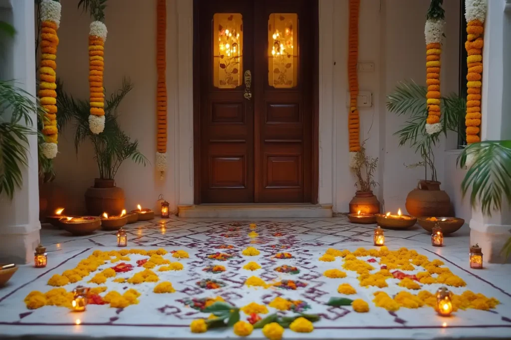 Traditional Griha Pravesh decoration with marigold garlands, diyas, and floral rangoli at the entrance of a house