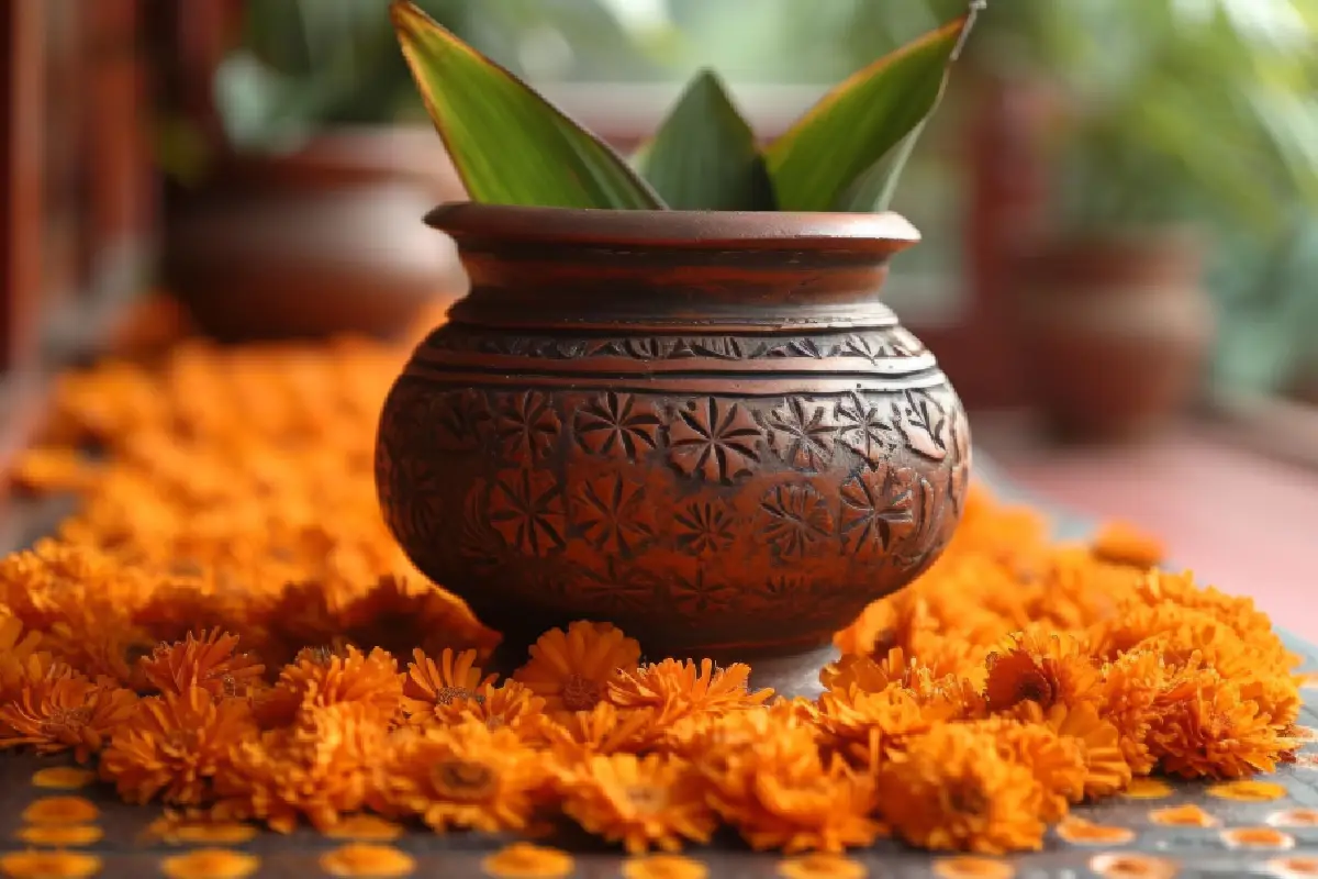 Decorative clay pot surrounded by orange marigold flowers, used in Griha Pravesh rituals.