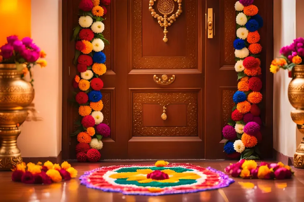 Traditional wooden door decorated with multicolor floral garlands and vibrant rangoli for Griha Pravesh.