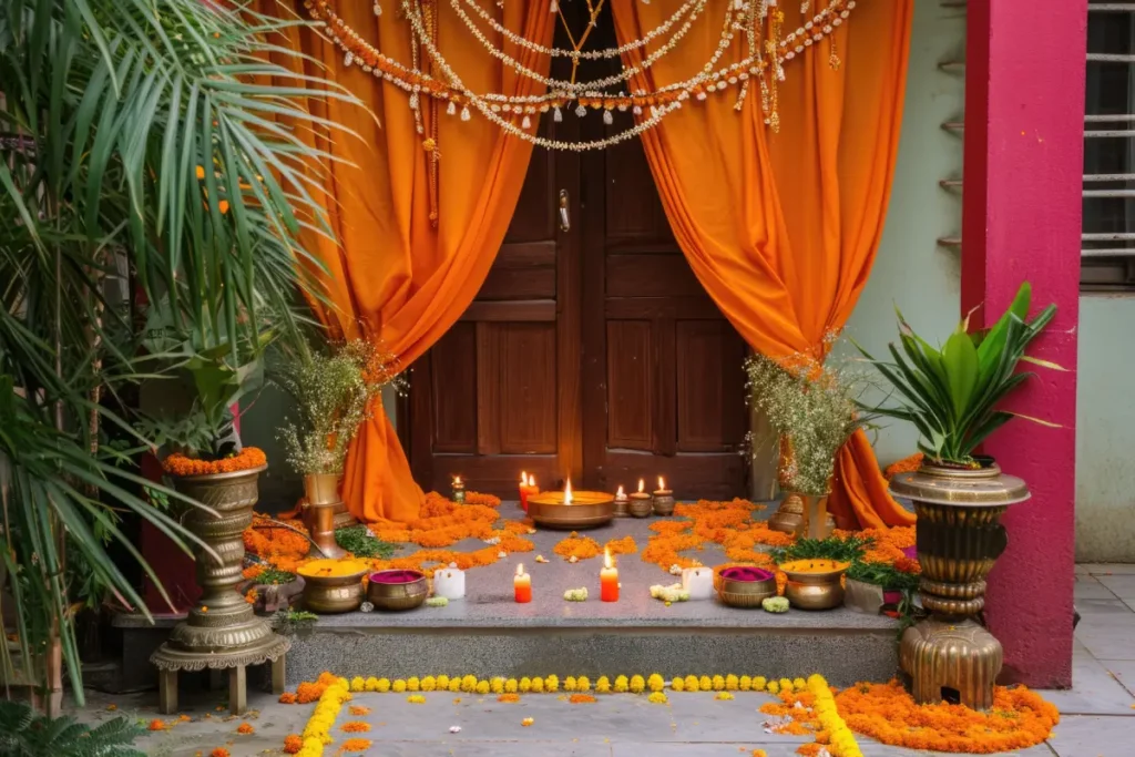 Elegant Griha Pravesh decor with orange drapes, floral arrangements, and candles on the steps.