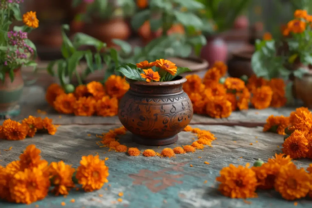 Close-up of a clay pot with fresh marigold flowers, ideal for Griha Pravesh rituals