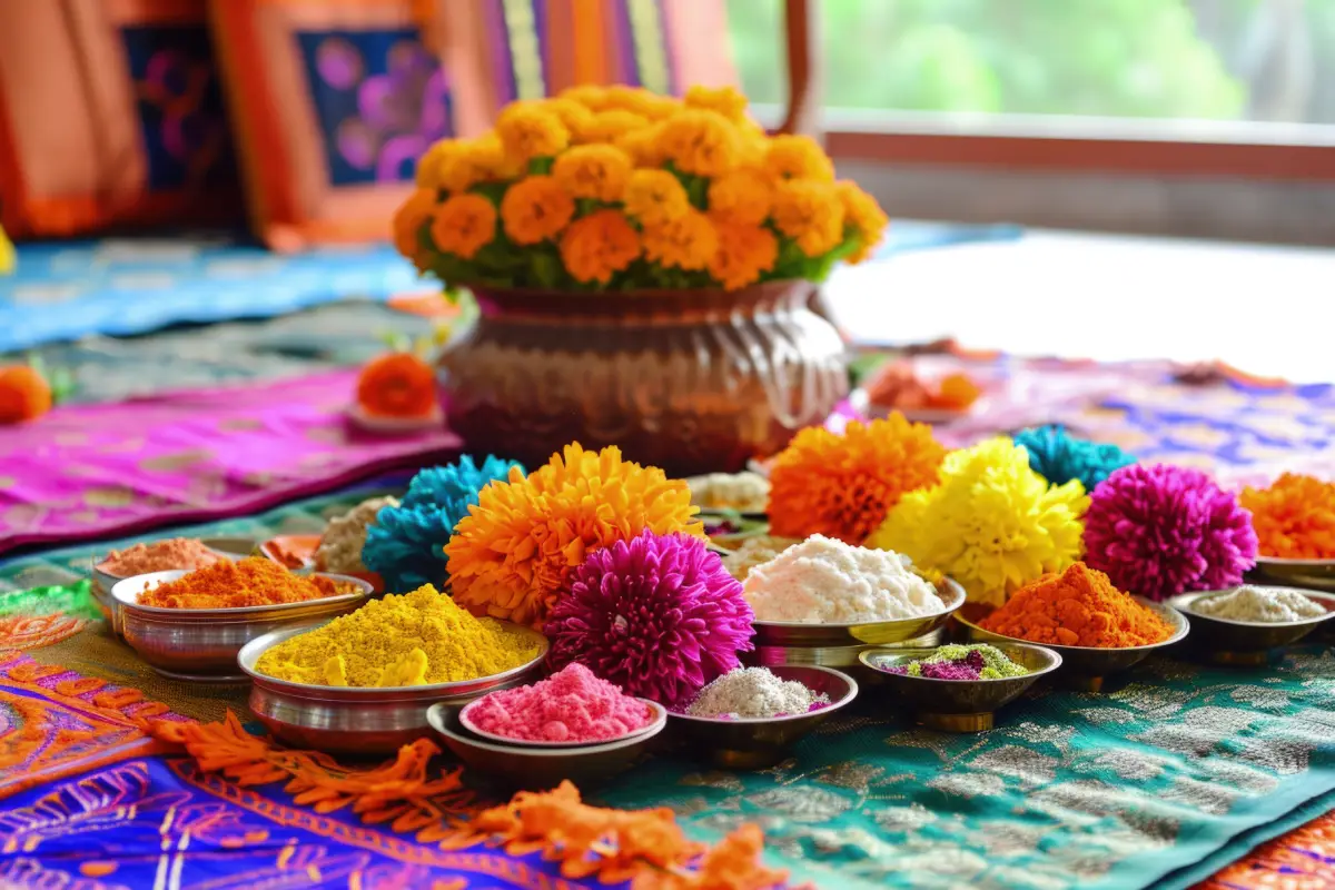 Colorful powders and fresh flowers arranged for a Griha Pravesh ceremony.