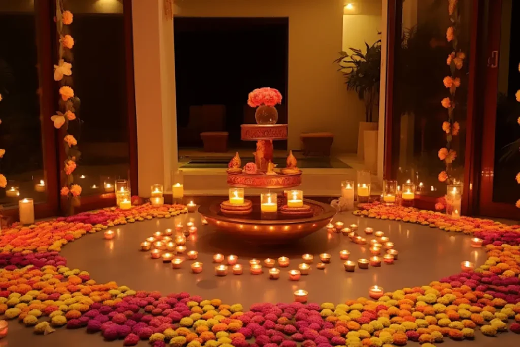 Indoor Griha Pravesh setup with candles and floral rangoli surrounding a decorative centerpiece