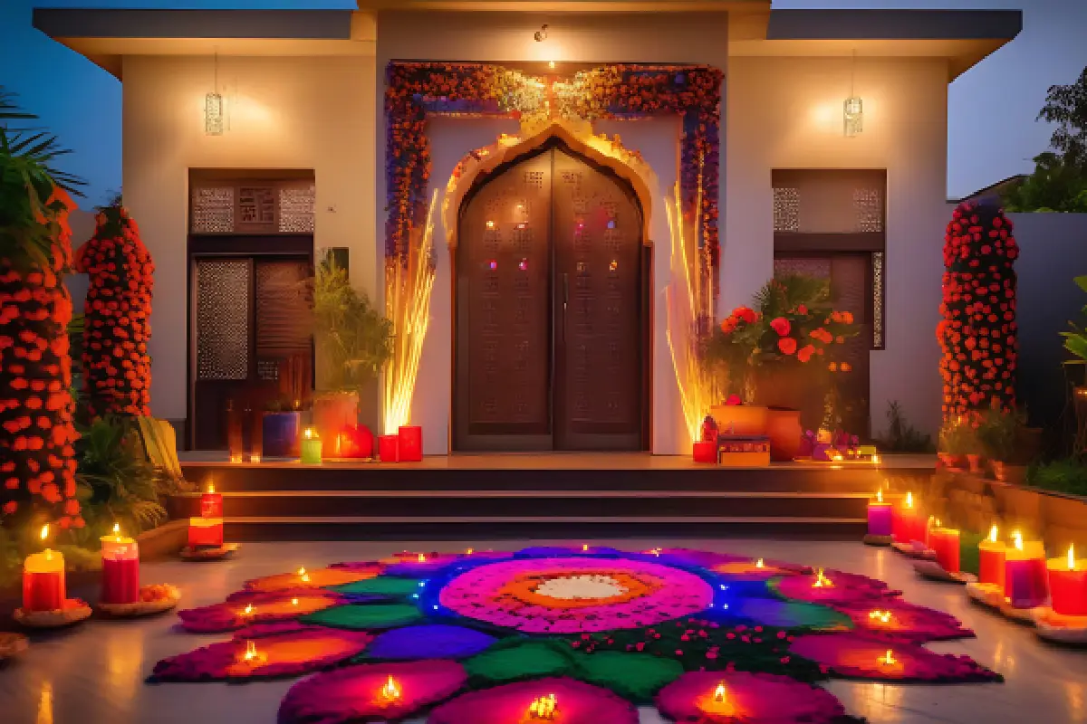 Outdoor house entrance lit up with colorful candles and a large floral rangoli for Griha Pravesh