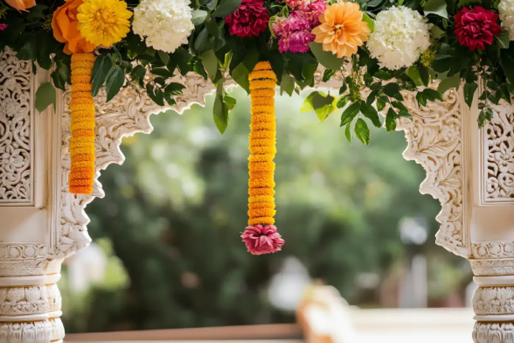 Traditional floral toran with marigold and fresh flowers for Griha Pravesh entrance.