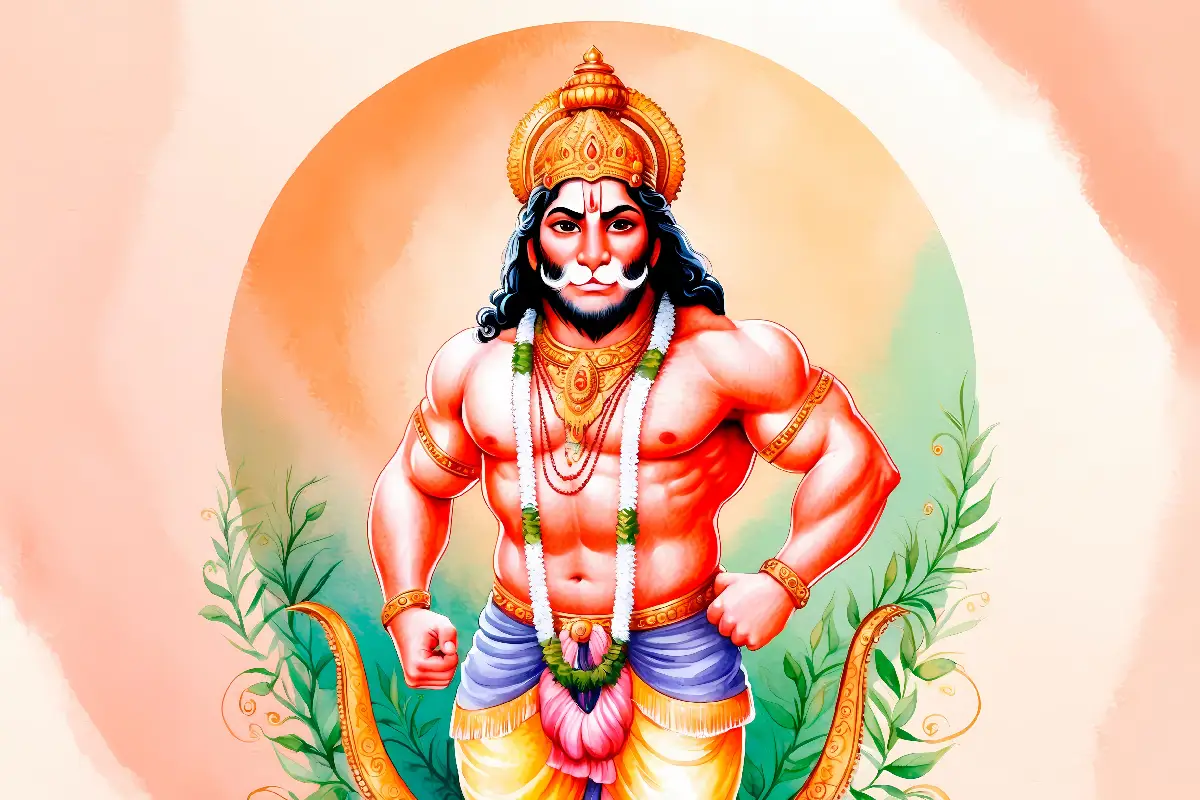 A vibrant depiction of Lord Hanuman in a valiant stance, wearing a golden crown and ornaments, radiating strength and devotion.