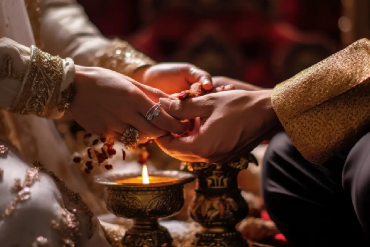 Bride and groom holding hands during a traditional Indian wedding ceremony in January, adorned with elegant gold and white outfits, with a glowing diya in the foreground.