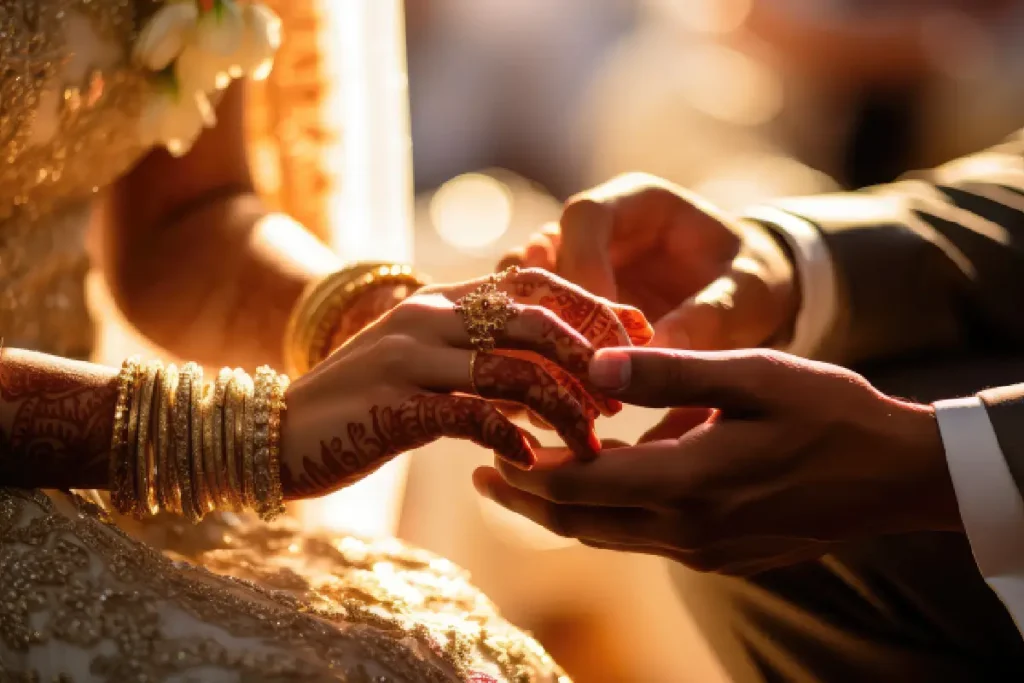 Bride and groom exchanging rings during a traditional Indian wedding in February, with golden sunlight highlighting intricate henna designs and ornate jewelry.