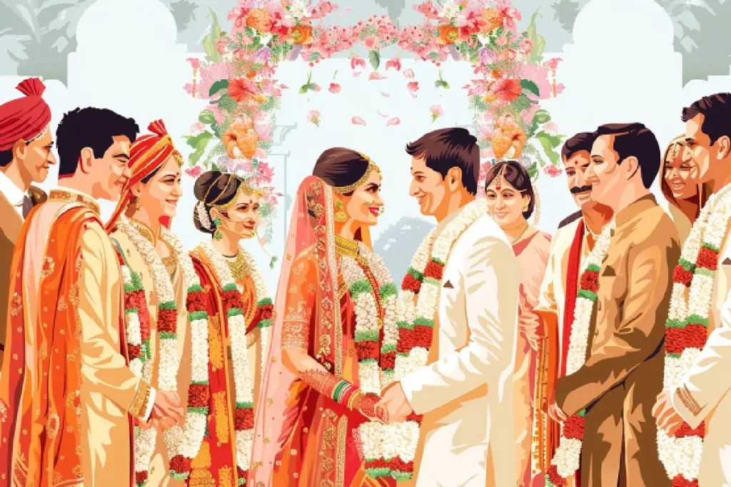 Traditional Indian wedding scene with the bride, groom, and family members adorned in festive attire, standing under a floral mandap during the ceremony.