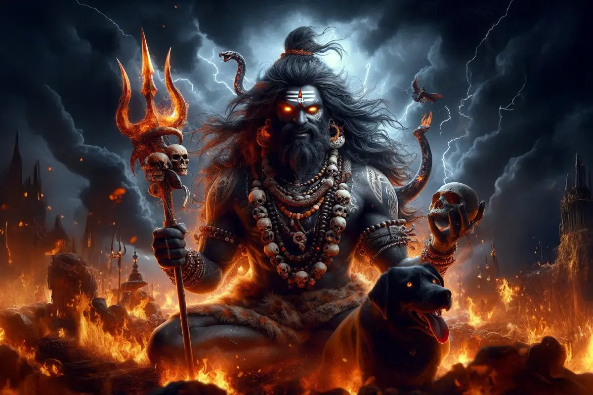 A fierce and powerful depiction of Lord Bhairav with glowing eyes, a trident adorned with skulls, and a dark, stormy background filled with fire and lightning.