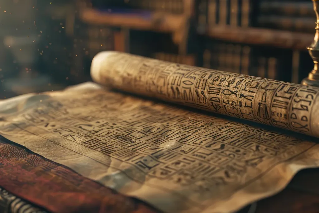 An unrolled scroll showcasing intricate Vedic scripts and symbols of Bhakoot Dosha. The parchment sits amidst a scholarly setting, surrounded by aged books and faint mystical sparks.