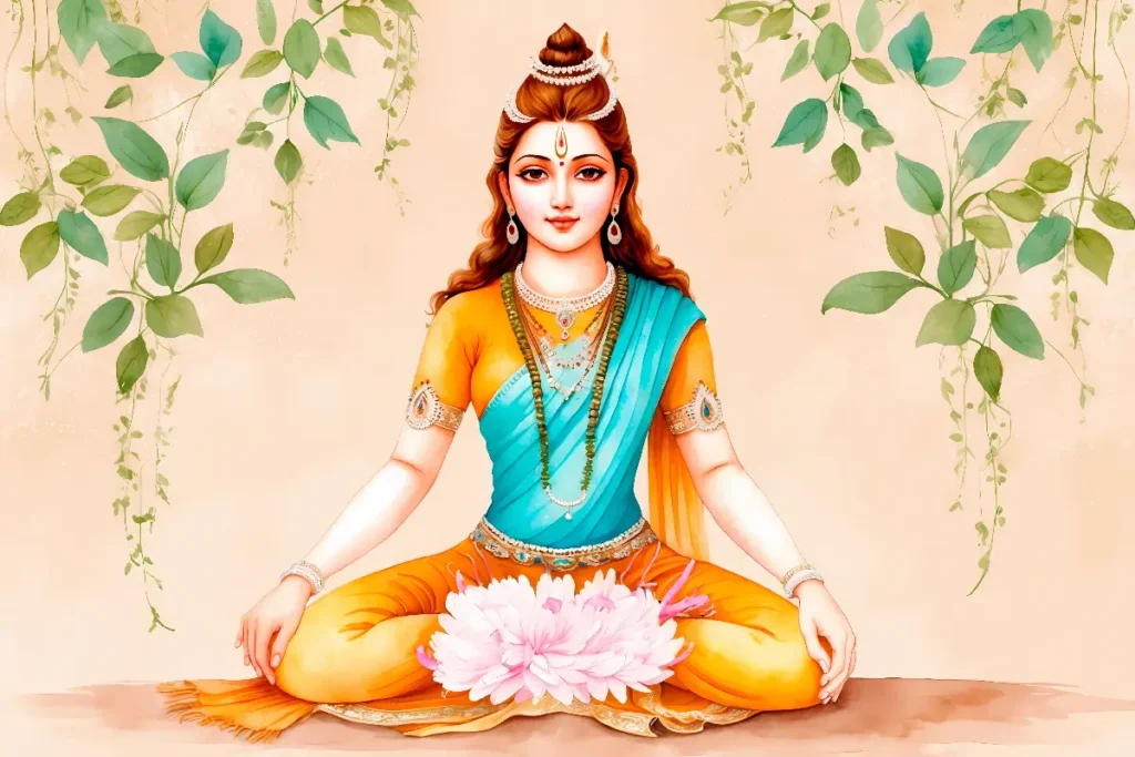 A serene depiction of Goddess Gayatri seated in a meditative pose, wearing a vibrant blue and orange saree, surrounded by soft greenery and holding lotus flowers.