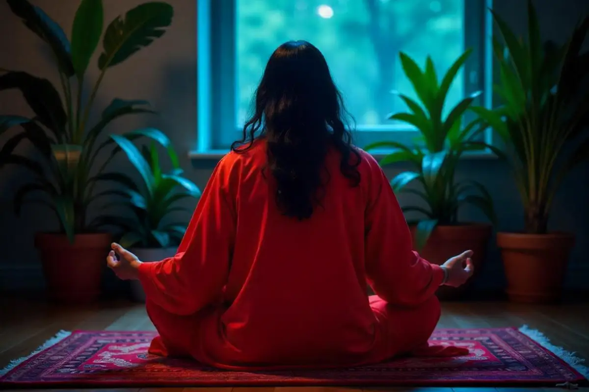 A Gorakhnath Chalisa depiction showing a serene figure meditating in front of a window, symbolizing spiritual enlightenment, with lush green plants creating a peaceful ambiance.