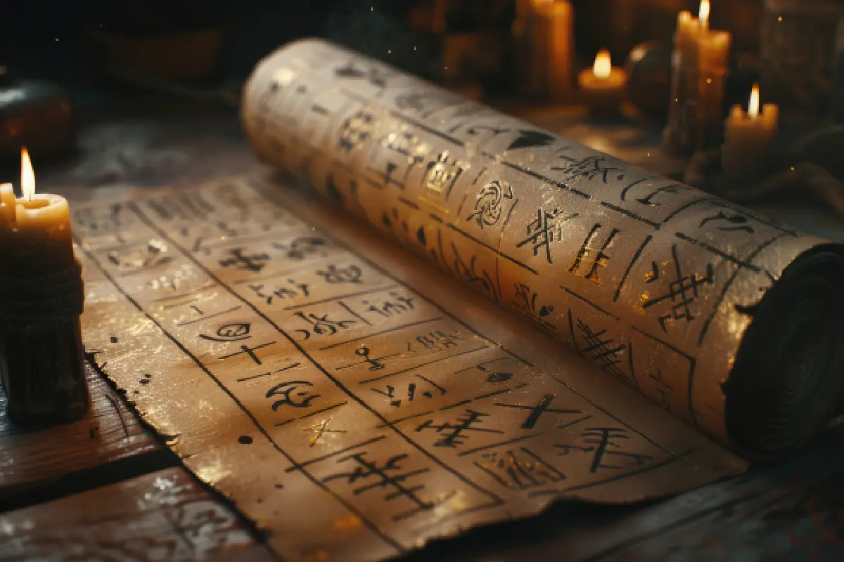 A mystical scroll glowing with otherworldly light, symbolizing Grahan Dosh. The text and symbols appear to radiate energy, signifying celestial influences during eclipses.