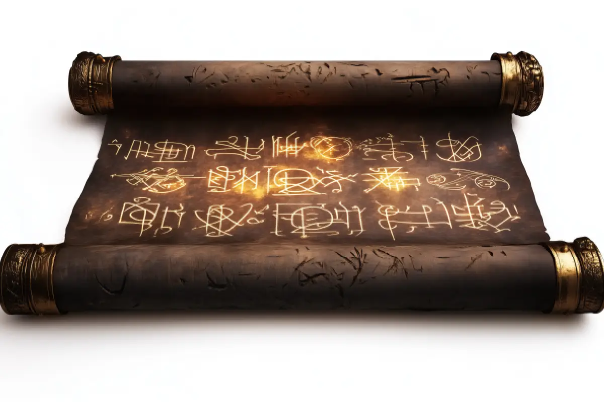 A dark scroll with glowing golden runes signifying Guru Chandal Dosh. The contrast of the ancient black parchment and radiant symbols highlights the spiritual significance.