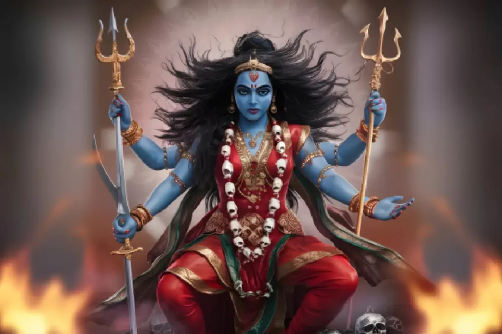 Goddess Kali, the symbol of power and protection, holding tridents and swords.