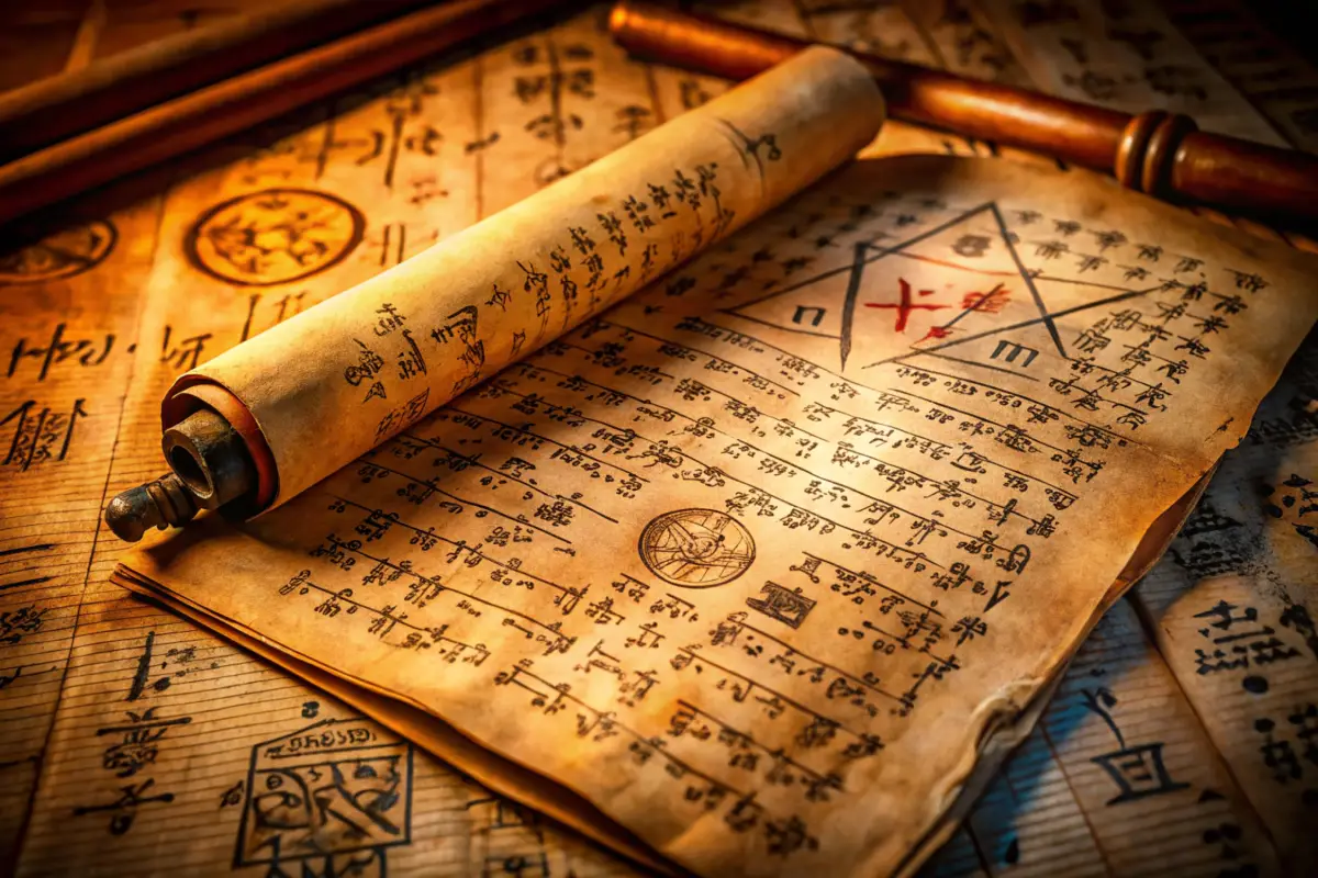 An ancient scroll unrolled on a wooden table, illustrating Kemdrum Dosh with detailed astrological symbols and diagrams. A soft candlelight glow enhances its mystical appeal.