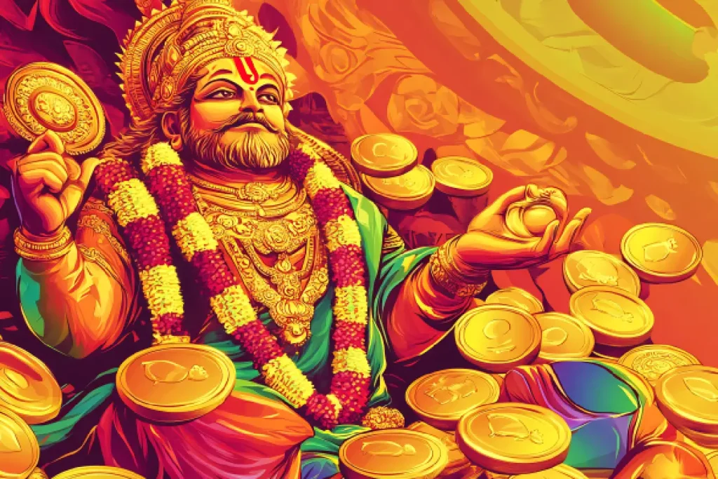 A vibrant illustration of Lord Kubera, seated amid a shower of golden coins, adorned in royal attire and jewelry, holding wealth symbols with a majestic smile.