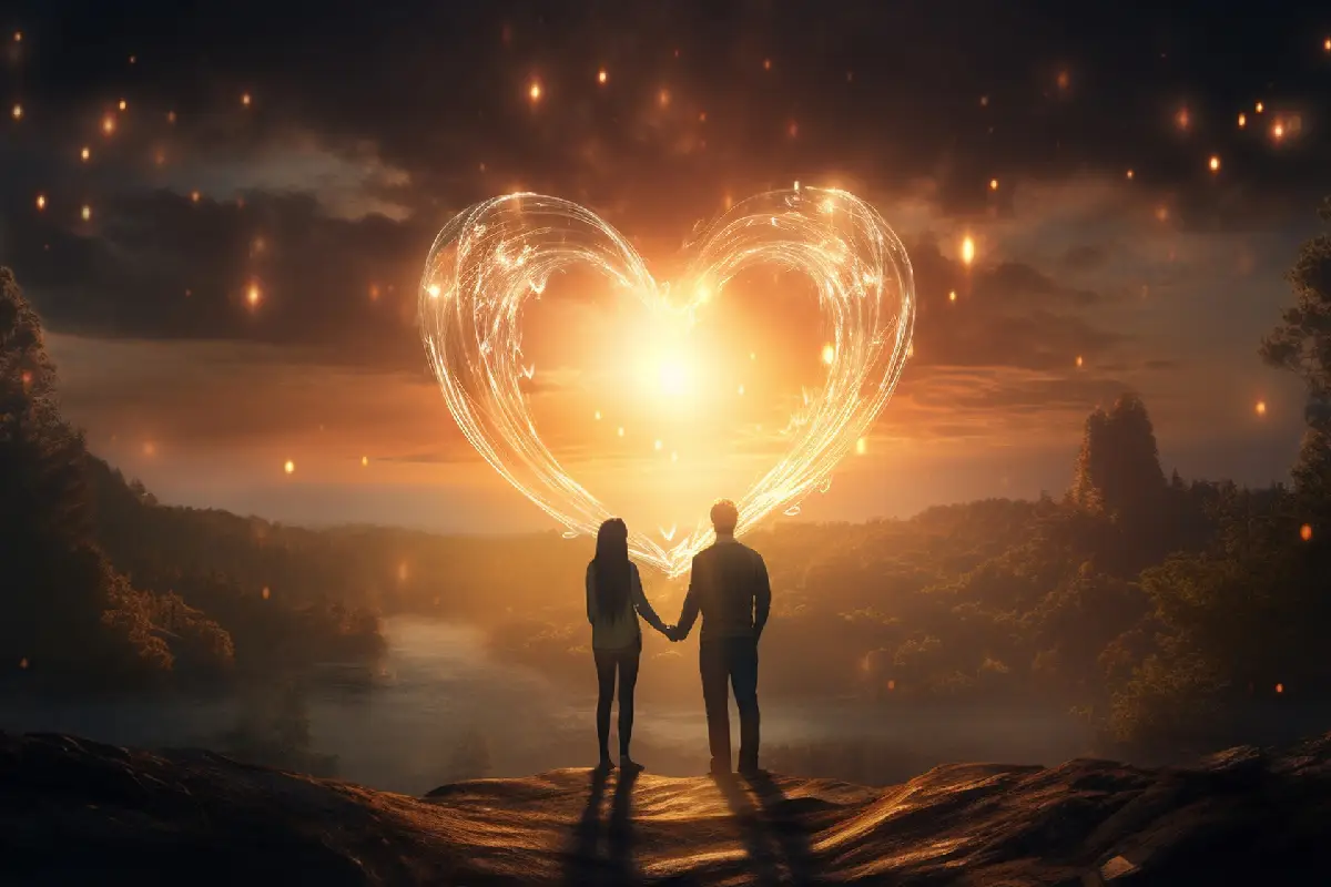 A couple holding hands under a glowing heart at sunset, symbolizing love and connection