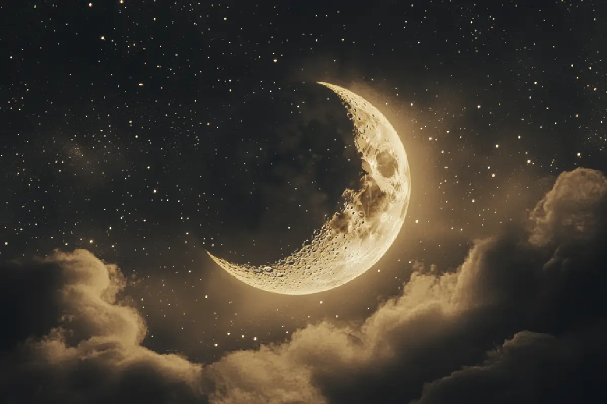 A crescent moon surrounded by clouds and stars, symbolizing celestial influence on personality and destiny