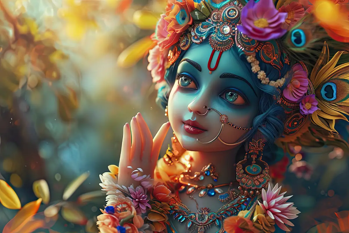 A luminous portrayal of Radha, adorned with intricate jewelry, blooming flowers, and vibrant ornaments, radiating divine grace and love amidst a nature-filled background.