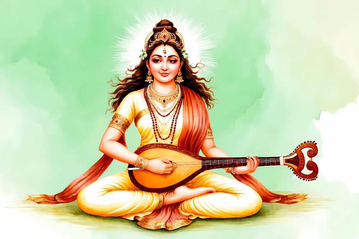 Goddess Saraswati with a veena, radiating knowledge and purity