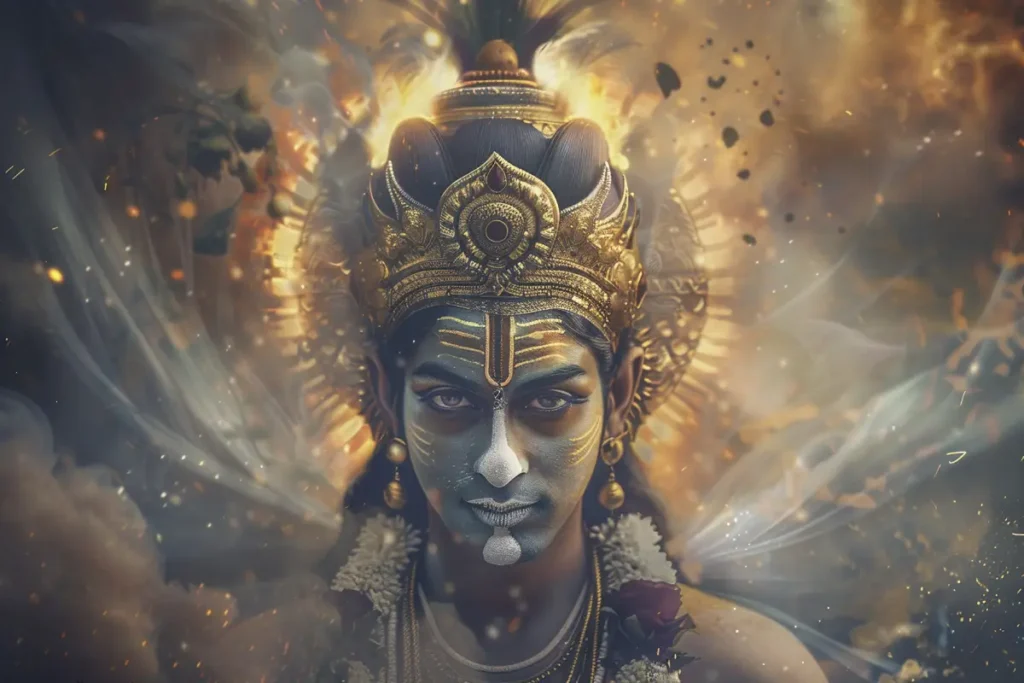 Lord Shani with an intense gaze and divine aura, symbolizing justice and karma.