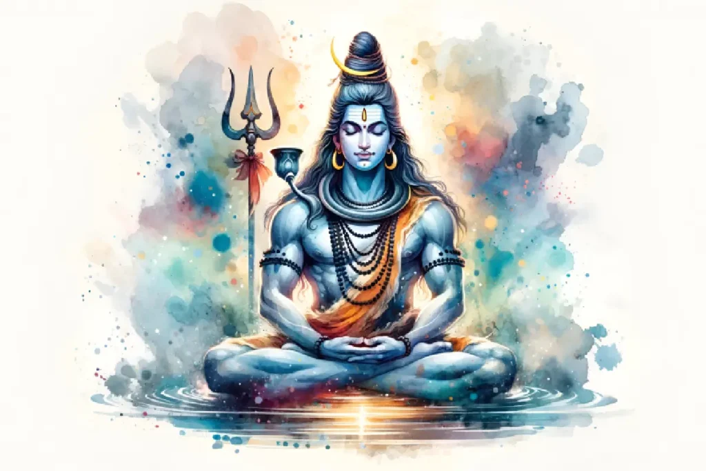 Lord Shiva meditating with a trident by his side, symbolizing cosmic balance and peace