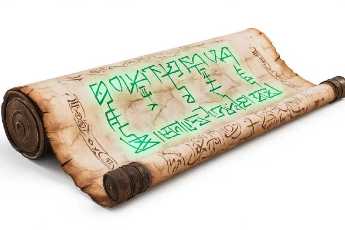 A glowing scroll featuring green luminous scripts depicting the effects of Shrapit Dosh. The mystical energy emanating from the text symbolizes the karmic impact described in astrology.