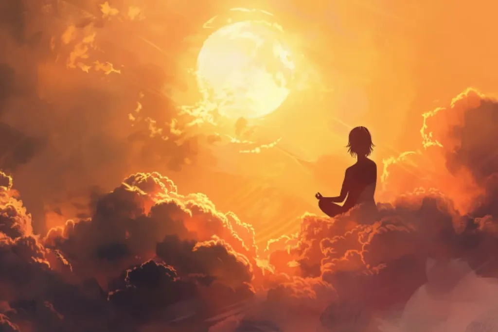 A meditator sitting amidst golden clouds during sunrise, symbolizing the blessings of Surya Dev.