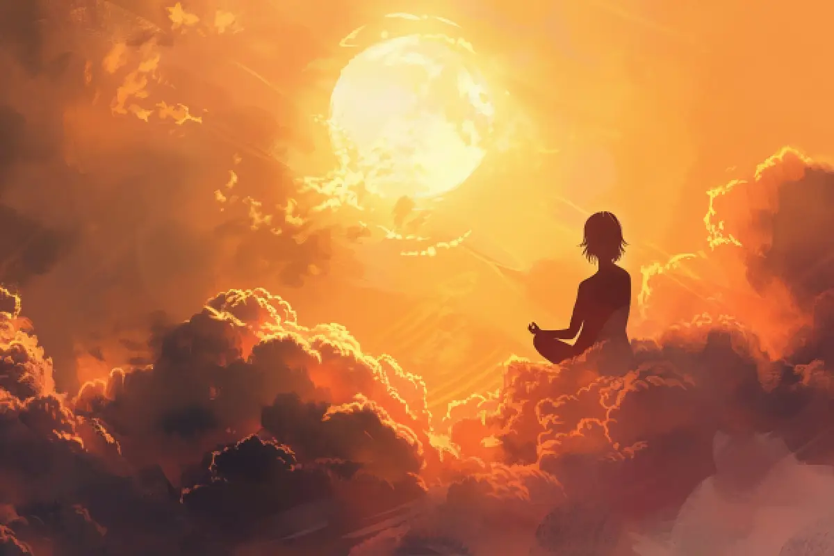 A meditator sitting amidst golden clouds during sunrise, symbolizing the blessings of Surya Dev.