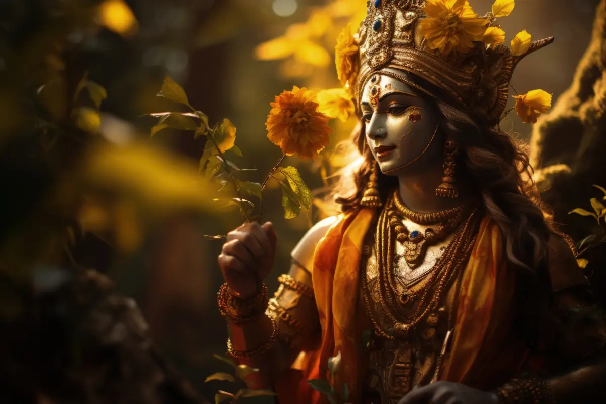 Lord Vishnu adorned with divine ornaments, holding a lotus flower in a tranquil setting.