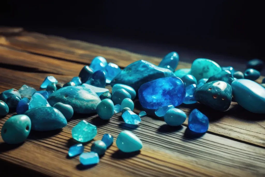 A stunning collection of turquoise gemstones, December's birthstone, in vivid blue shades placed on a rustic wooden surface.