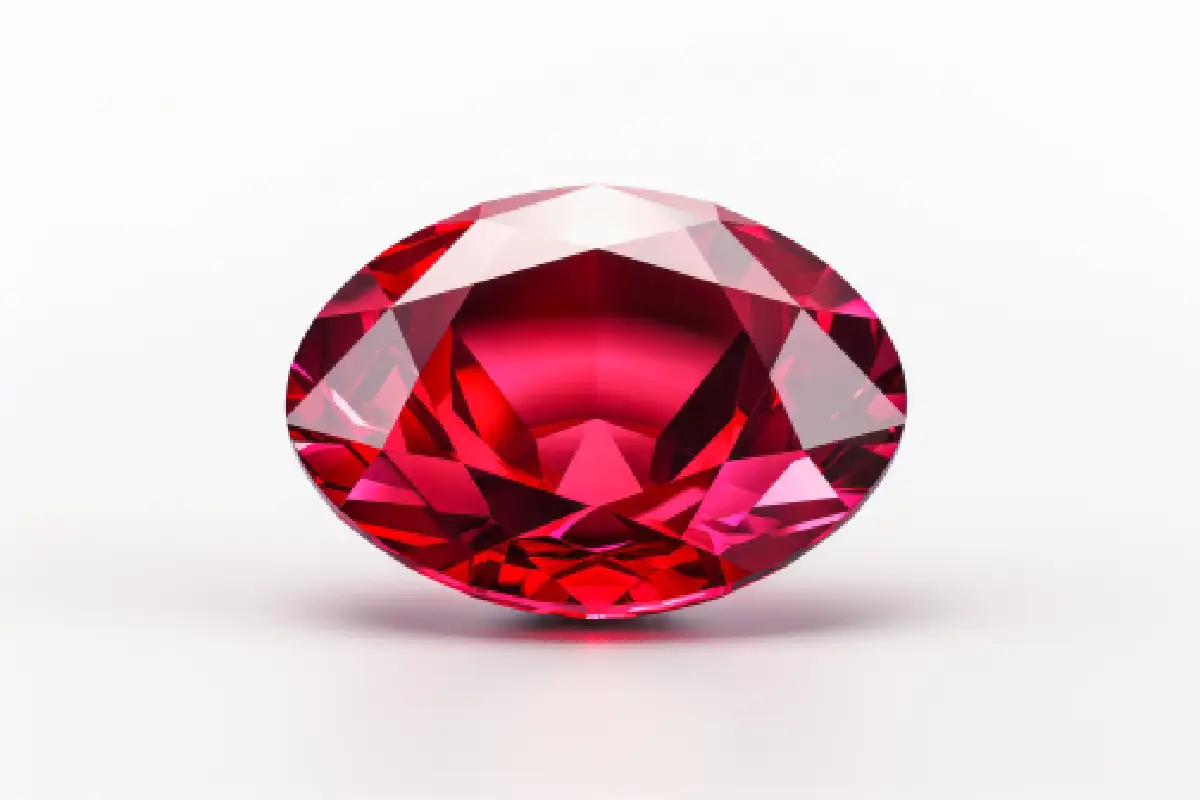 A flawless red ruby, July's birthstone, glowing with intense warmth and fire against a clean white background.