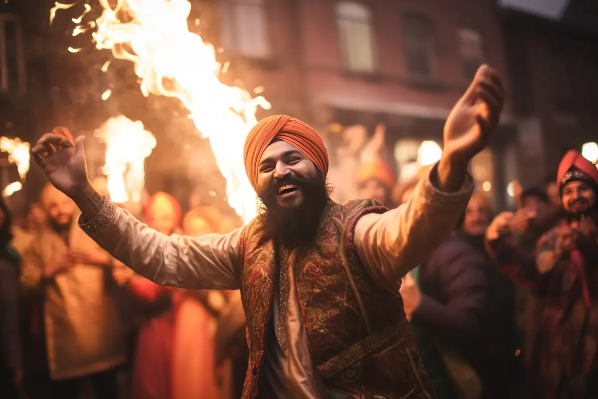 A joyful man wearing a traditional orange turban and intricately embroidered attire celebrates Lohri 2025 amidst a lively crowd during a cultural festival with flames in the background.